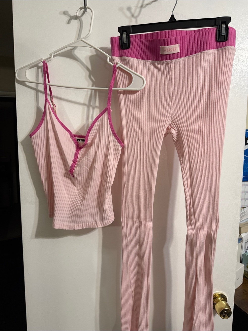PINK Victoria's Secret Light Pink Ribbed Tank and High-Waist Flare Pants Set